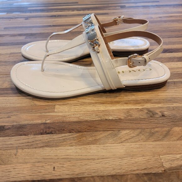 Coach Chalk Caterine Logo Hardware Flat Post Thong Toe Buckle Sandals - Picture 4 of 10